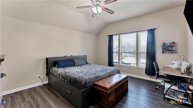 bedroom featuring baseboards, vaulted ceiling, a ceiling fan, and dark wood finished floors