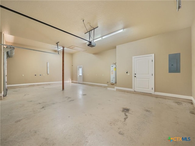 garage featuring electric water heater, electric panel, and a garage door opener