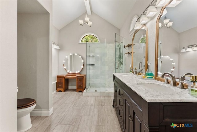 2717 Canyon Oaks Ct, Temple, TX 76502 - full bath featuring double vanity, a stall shower, wood finished floors, and a chandelier