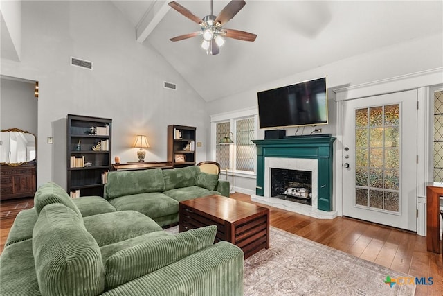 2717 Canyon Oaks Ct, Temple, TX 76502 - living room featuring high vaulted ceiling, ceiling fan, wood-type flooring, a premium fireplace, and beam ceiling