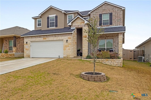 craftsman house with a garage, cooling unit, and a front yard