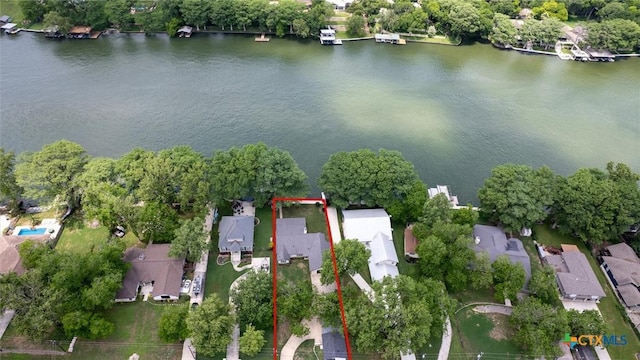 aerial view featuring a water view and a residential view