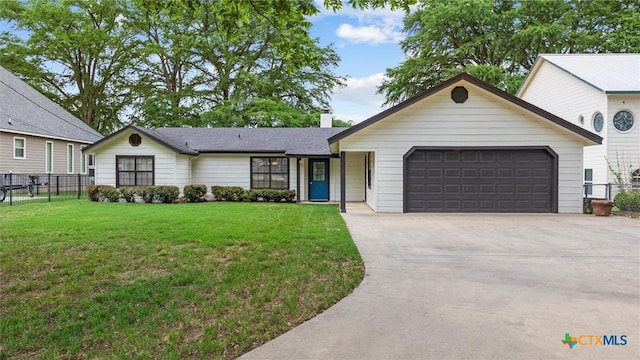 ranch-style house featuring concrete driveway, fence, a front lawn, and a garage