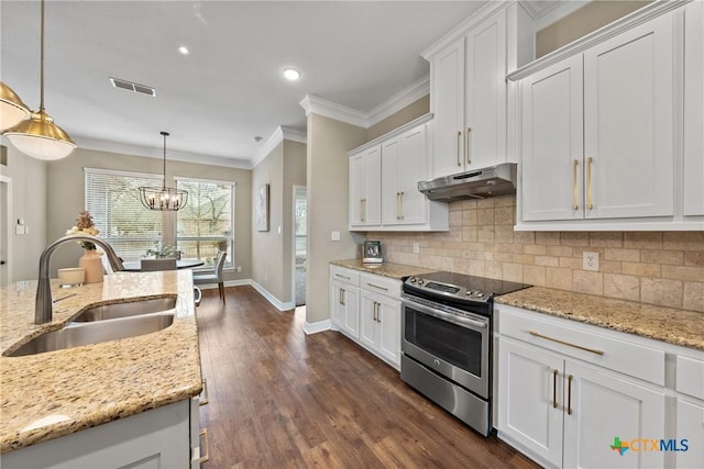 kitchen featuring white cabinetry, a sink, under cabinet range hood, and stainless steel electric range