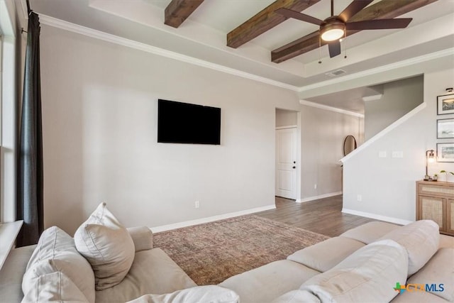 5410 Tabbs Ct, Belton, TX 76513 - living room with a ceiling fan, baseboards, beam ceiling, and wood finished floors