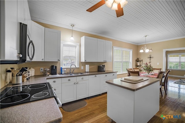 124 County Road 356b, Shiner, TX 77984 - kitchen featuring a sink, stainless steel microwave, a kitchen island, range, and dark wood-style flooring
