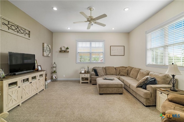 124 County Road 356b, Shiner, TX 77984 - living area featuring light carpet, a ceiling fan, baseboards, and recessed lighting