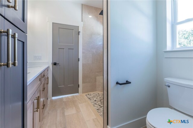 bathroom with vanity, toilet, and a tile shower