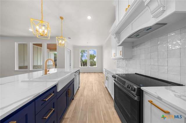 5273 Comanche Dr, Temple, TX 76502 - kitchen featuring electric range oven, stainless steel dishwasher, blue cabinetry, white cabinets, and decorative backsplash