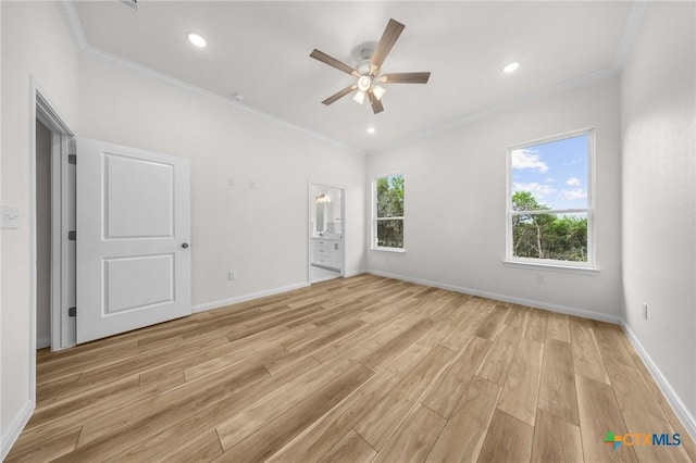 5273 Comanche Dr, Temple, TX 76502 - unfurnished room with ornamental molding, ceiling fan, light wood finished floors, and recessed lighting
