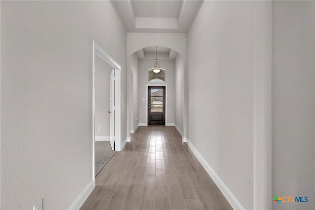 interior space with hardwood / wood-style flooring and a tray ceiling