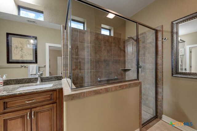 bathroom featuring a wealth of natural light, vanity, and walk in shower