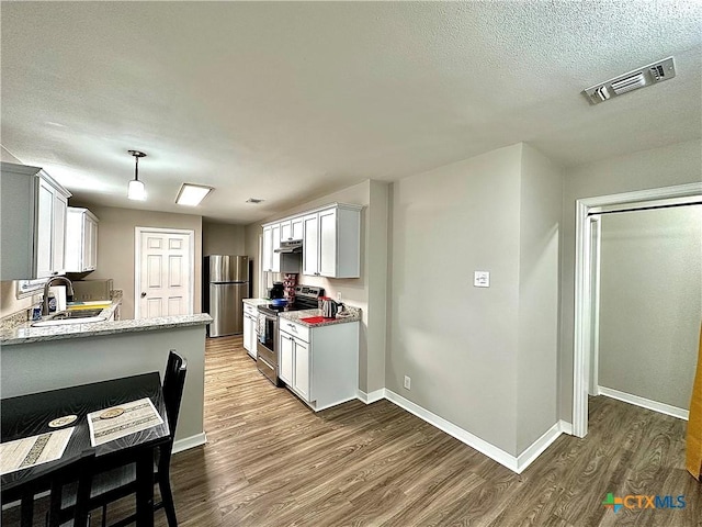 kitchen featuring appliances with stainless steel finishes, a sink, baseboards, visible vents, and dark wood-style floors