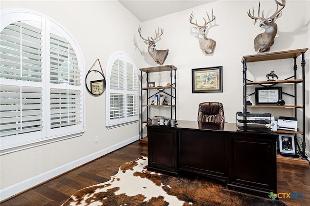 2618 Red Bud Way, New Braunfels, TX 78132 - home office featuring dark wood finished floors and healthy amount of natural light