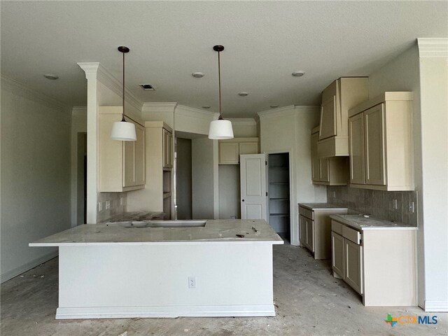 10818 Campsite Cv, Temple, TX 76502 - kitchen with ornamental molding, decorative backsplash, decorative light fixtures, and concrete floors
