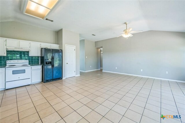 293 Reese Creek Rd, Killeen, TX 76549 - kitchen featuring visible vents, black fridge with ice dispenser, white range with electric cooktop, a ceiling fan, and vaulted ceiling