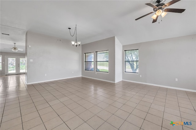 293 Reese Creek Rd, Killeen, TX 76549 - spare room featuring a wealth of natural light, light tile patterned flooring, baseboards, and ceiling fan with notable chandelier