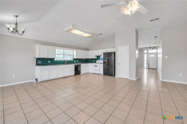 293 Reese Creek Rd, Killeen, TX 76549 - kitchen featuring tasteful backsplash, visible vents, black appliances, white cabinetry, and lofted ceiling