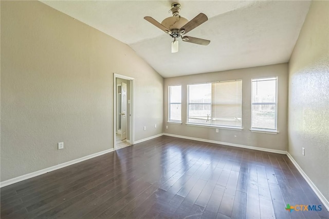 293 Reese Creek Rd, Killeen, TX 76549 - unfurnished room featuring ceiling fan, baseboards, vaulted ceiling, and dark wood finished floors