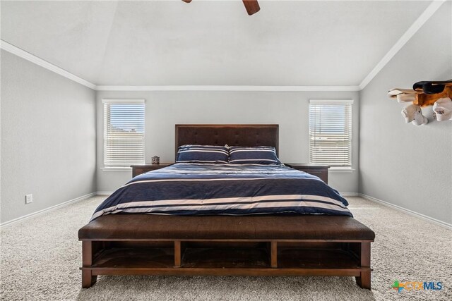 7511 Wind Chime Way, Temple, TX 76502 - carpeted bedroom featuring vaulted ceiling, multiple windows, crown molding, and a ceiling fan