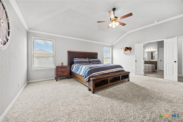 7511 Wind Chime Way, Temple, TX 76502 - carpeted bedroom featuring lofted ceiling, ornamental molding, ensuite bath, and ceiling fan