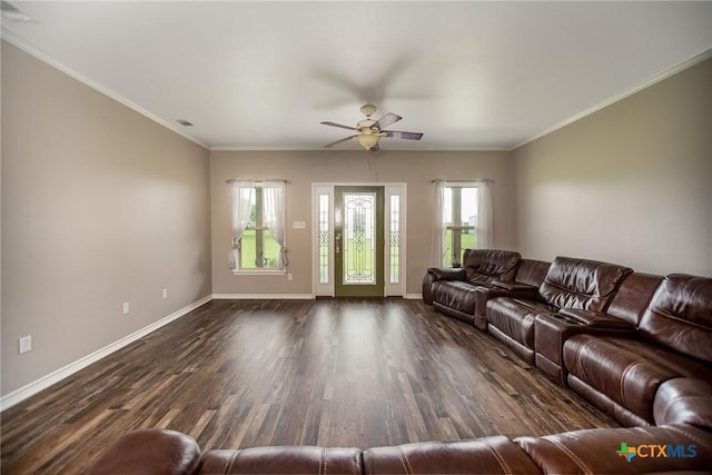 196 Garza Rd, Port Lavaca, TX 77979 - living area with ceiling fan, dark wood-type flooring, and ornamental molding