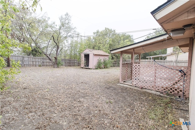 view of yard featuring a storage shed