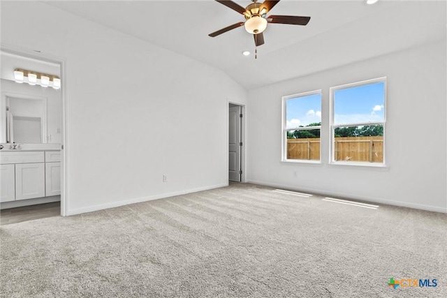 9820 Tarabon Dr, Killeen, TX 76542 - unfurnished bedroom featuring vaulted ceiling, carpet flooring, connected bathroom, recessed lighting, and a ceiling fan