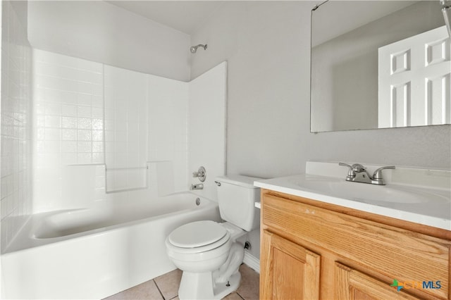 full bathroom with shower / tub combination, vanity, toilet, and tile patterned flooring