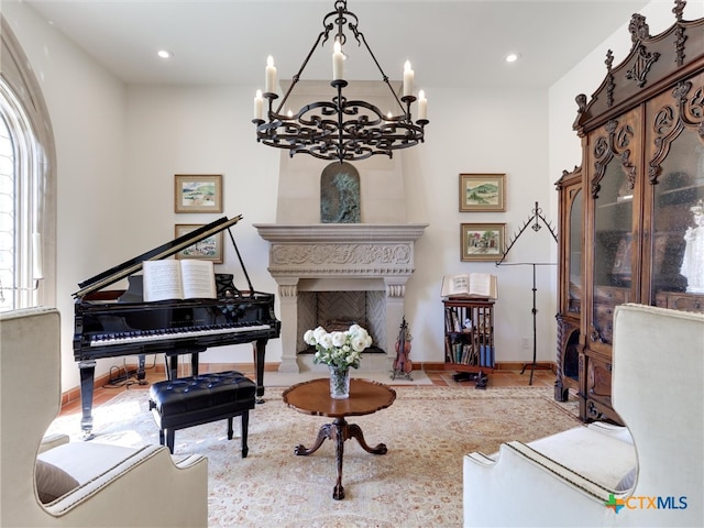 living area with a notable chandelier