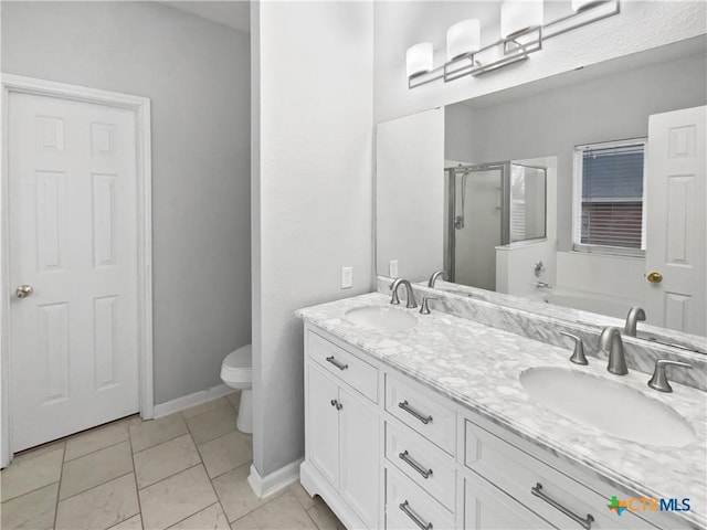 full bathroom with tile patterned flooring, vanity, separate shower and tub, and toilet