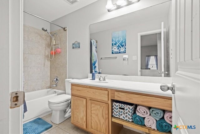 bathroom with tile patterned floors, visible vents, toilet, shower / tub combo with curtain, and vanity