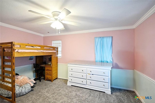 bedroom with light carpet, ceiling fan, and ornamental molding