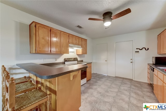 kitchen with stainless steel appliances, kitchen peninsula, a textured ceiling, a breakfast bar area, and ceiling fan