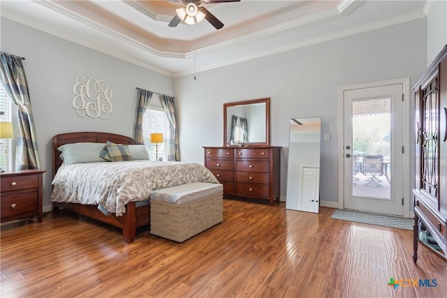 1332 Walker Cir, Salado, TX 76571 - bedroom featuring multiple windows, light wood finished floors, a raised ceiling, crown molding, and access to exterior