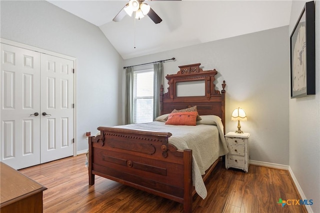 1332 Walker Cir, Salado, TX 76571 - bedroom featuring vaulted ceiling, baseboards, wood finished floors, a closet, and ceiling fan
