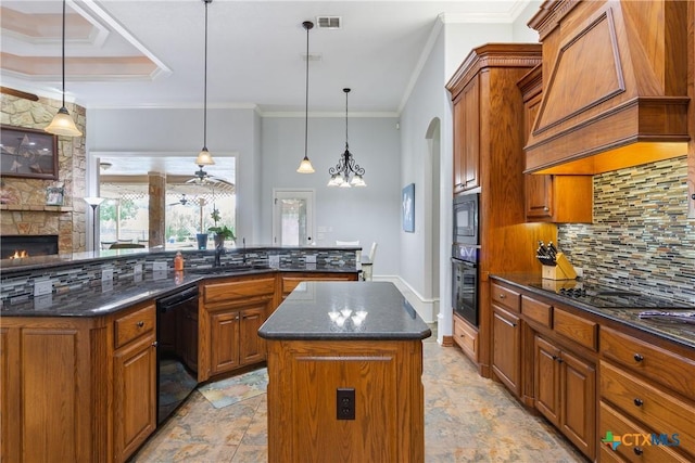 1332 Walker Cir, Salado, TX 76571 - kitchen with black appliances, a kitchen island, custom range hood, a sink, and tasteful backsplash