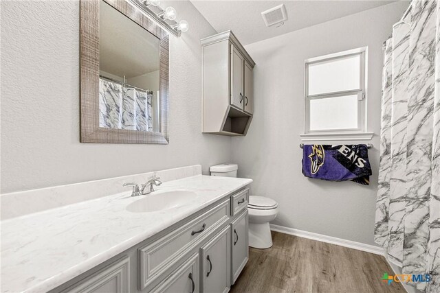 3705 Armstrong County Ct, Killeen, TX 76549 - full bath with wood finished floors, vanity, toilet, baseboards, and a shower with shower curtain
