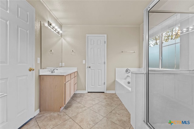 bathroom with separate shower and tub, tile patterned flooring, crown molding, and vanity