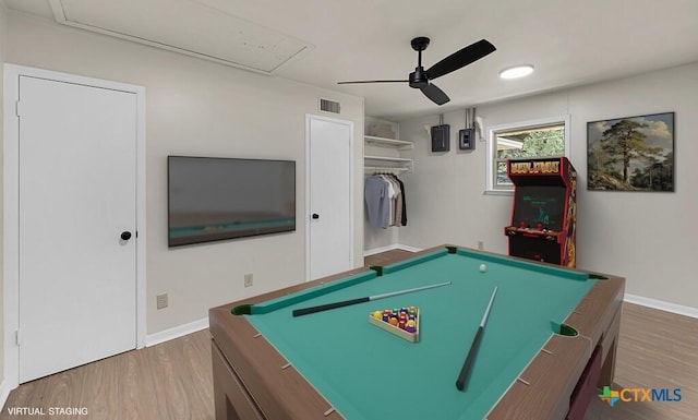 309 E Xavier Ave, Temple, TX 76501 - playroom featuring attic access, billiards table, a ceiling fan, and wood finished floors