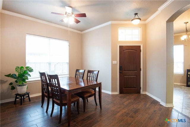 dining space featuring crown molding, ceiling fan with notable chandelier, and dark hardwood / wood-style floors