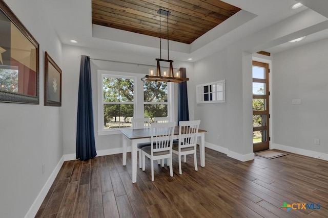315 Hilltop Rdg, New Braunfels, TX 78132 - dining room featuring dark wood-style flooring, a tray ceiling, and baseboards
