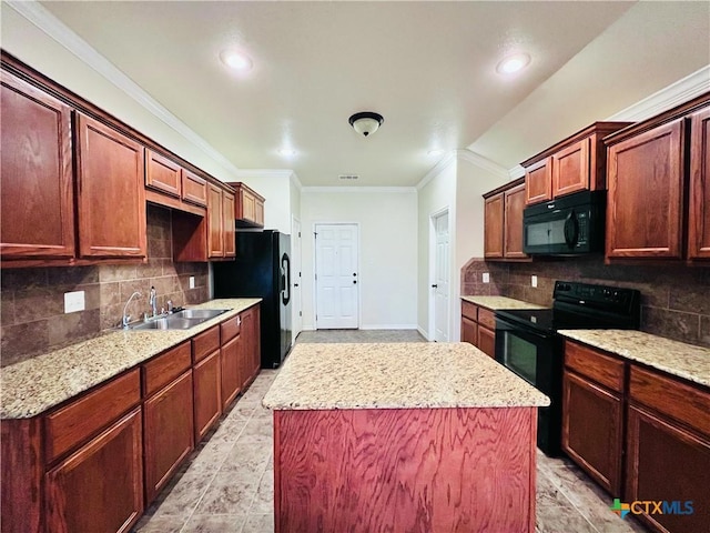 4002 Salt Fork Dr, Killeen, TX 76549 - kitchen featuring black appliances, a sink, backsplash, crown molding, and a center island