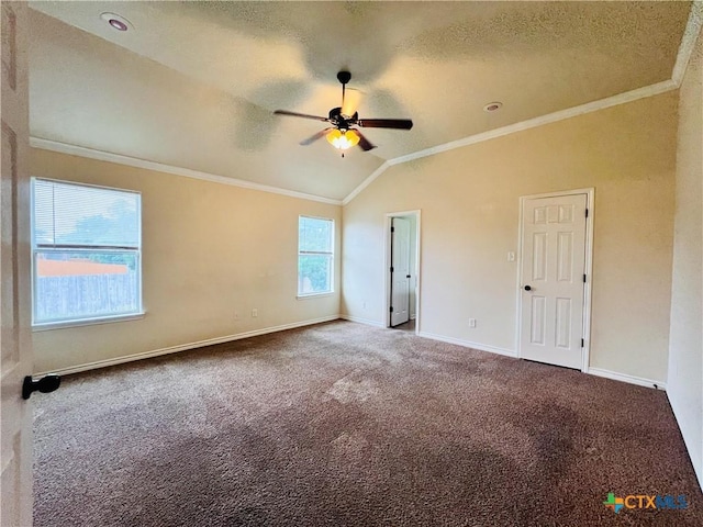 4002 Salt Fork Dr, Killeen, TX 76549 - unfurnished bedroom with lofted ceiling, ornamental molding, a textured ceiling, carpet, and baseboards