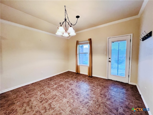 interior space with ornamental molding and a notable chandelier