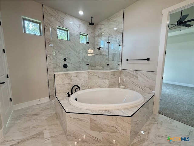 5101 Sunflower Ln, Temple, TX 76502 - full bathroom featuring marble finish flooring, a bath, a marble finish shower, and recessed lighting