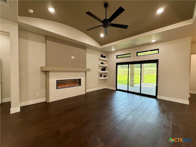 5101 Sunflower Ln, Temple, TX 76502 - unfurnished living room with lofted ceiling, recessed lighting, ceiling fan, built in shelves, and dark wood finished floors