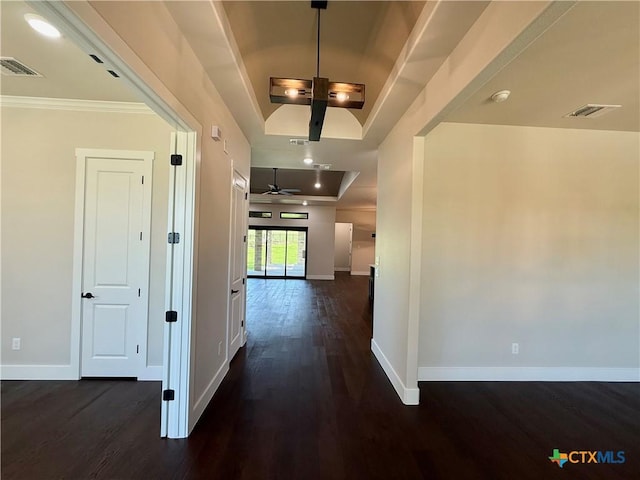 5101 Sunflower Ln, Temple, TX 76502 - hall featuring wood finished floors, a tray ceiling, and ornamental molding