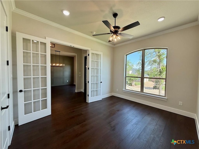 5101 Sunflower Ln, Temple, TX 76502 - spare room with french doors, dark wood-style flooring, crown molding, a ceiling fan, and recessed lighting