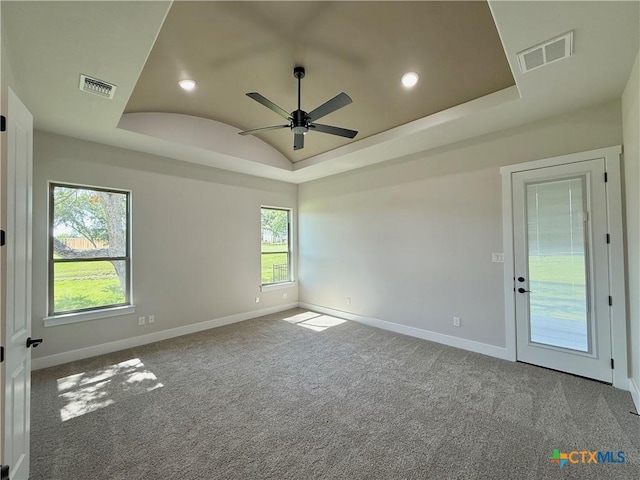 5101 Sunflower Ln, Temple, TX 76502 - spare room featuring a raised ceiling, ceiling fan, carpet flooring, and recessed lighting